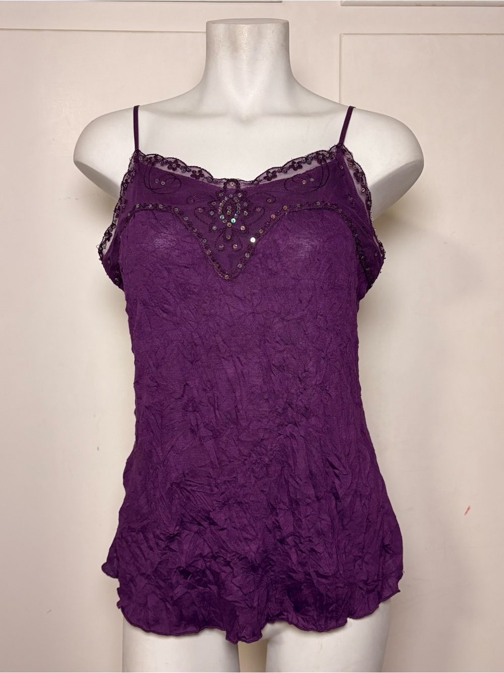 Vintage Y2K Xhiliration Purple Lace Trim Sequins Textured Cami Tank Top